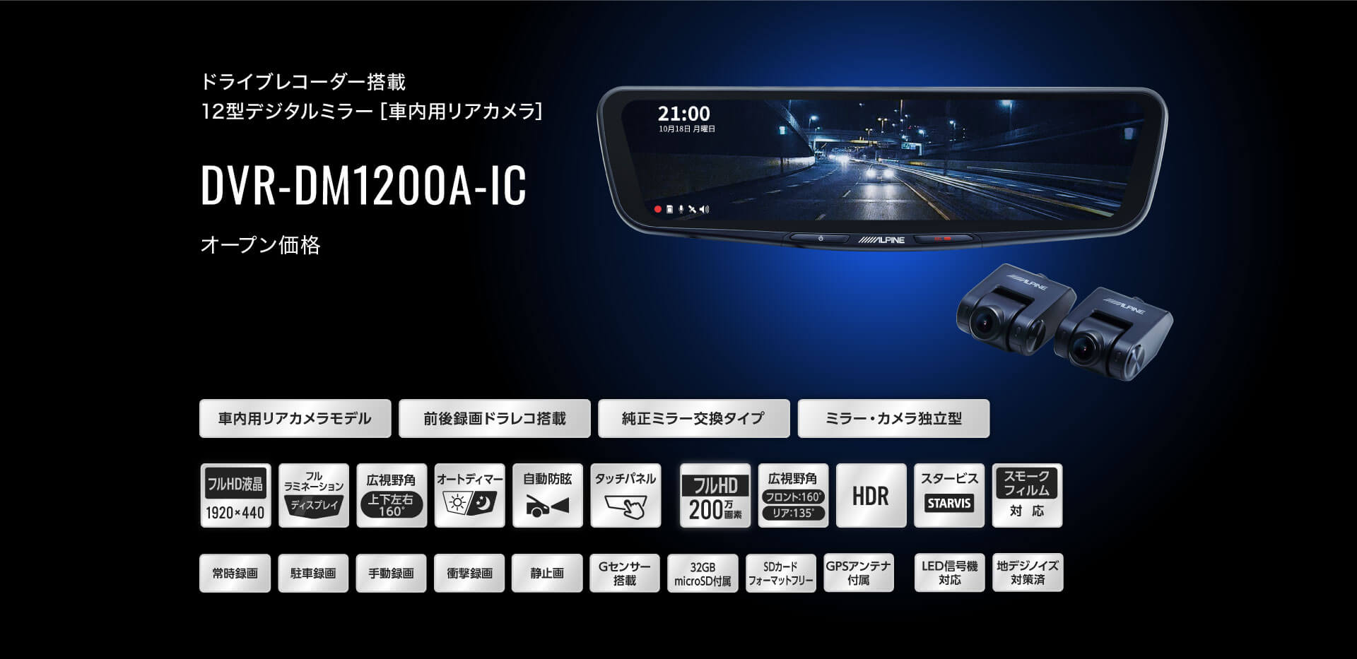 ドライブレコーダー搭載 12型デジタルミラー［車内用リアカメラ］ DVR-DM1200A-IC オープン価格