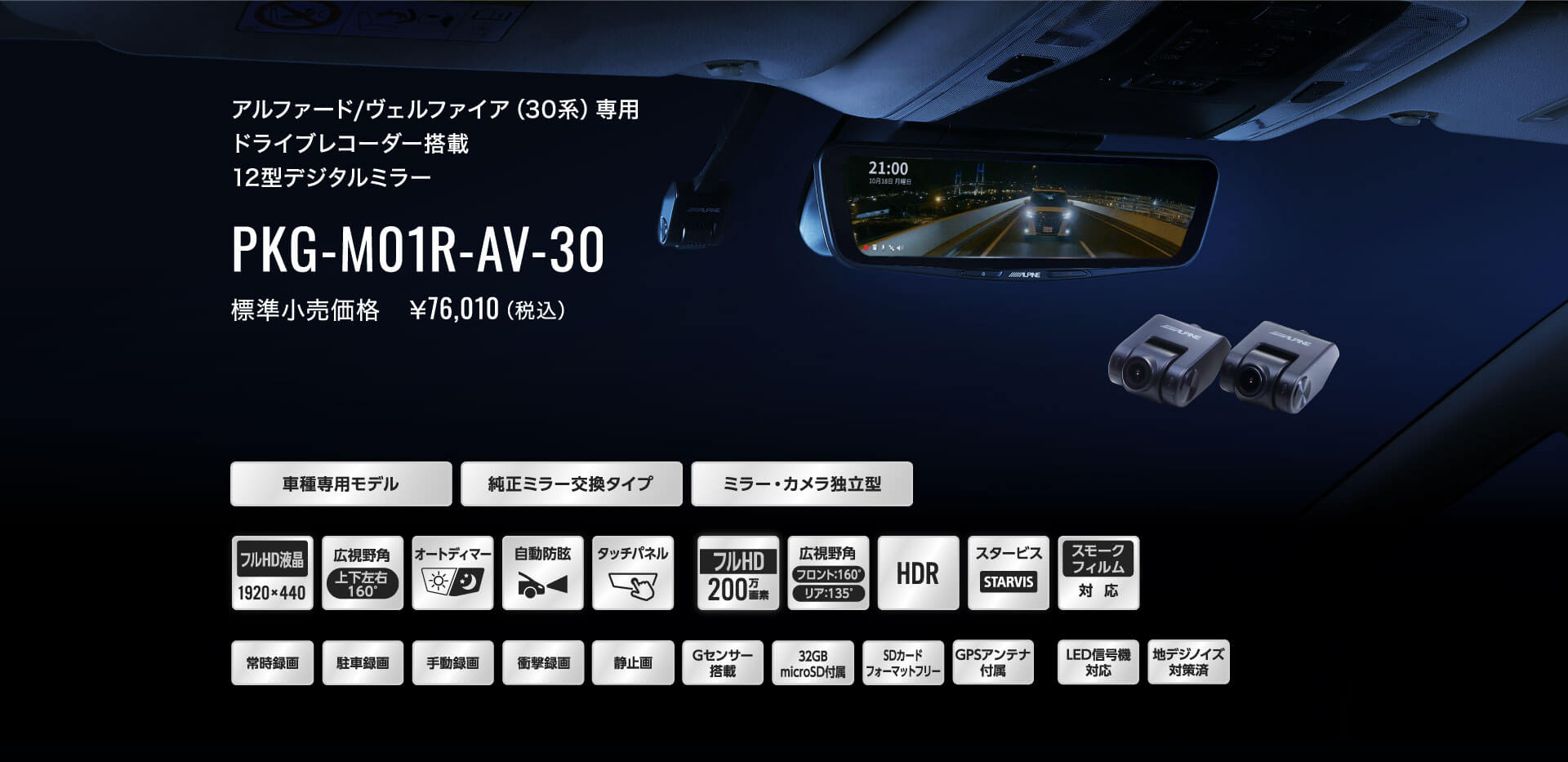 アルファード/ヴェルファイア（30系）専用 ドライブレコーダー搭載 12型デジタルミラー PKG-M01R-AV-30 標準小売価格　￥76,010（税込）